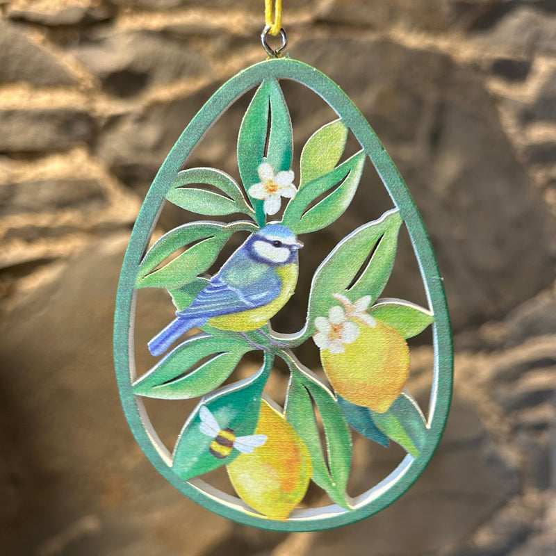 Blue Tits & Lemon Wooden Hanging Decoration