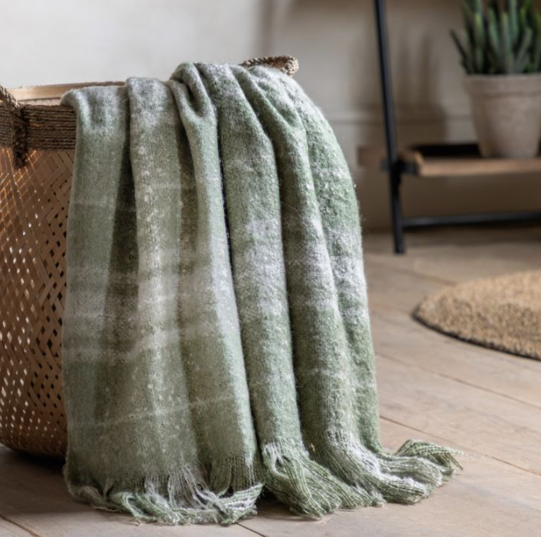 Faux Mohair Check Olive Throw