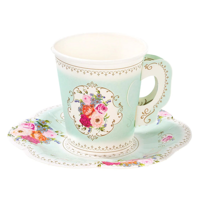 Mint Green Floral Paper Cups & Saucers set - 12 pack