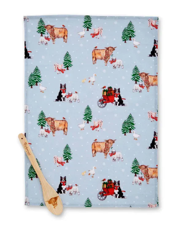 Cooksmart Christmas on the Farm Tea Towel and Wooden Spoon Set