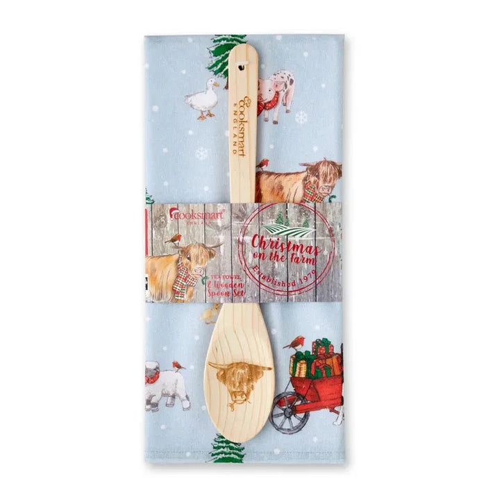 Cooksmart Christmas on the Farm Tea Towel and Wooden Spoon Set